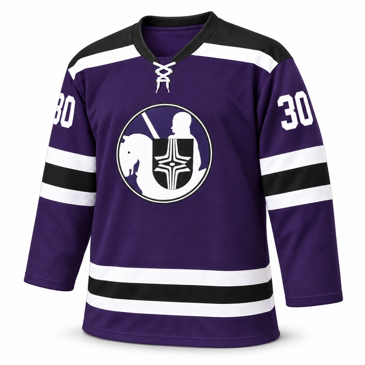 Cleveland Crusaders purple custom hockey jersey front mockup with lace-up collar and number 30