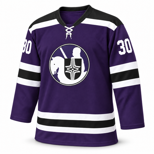 Cleveland Crusaders purple custom hockey jersey front mockup with lace-up collar and number 30