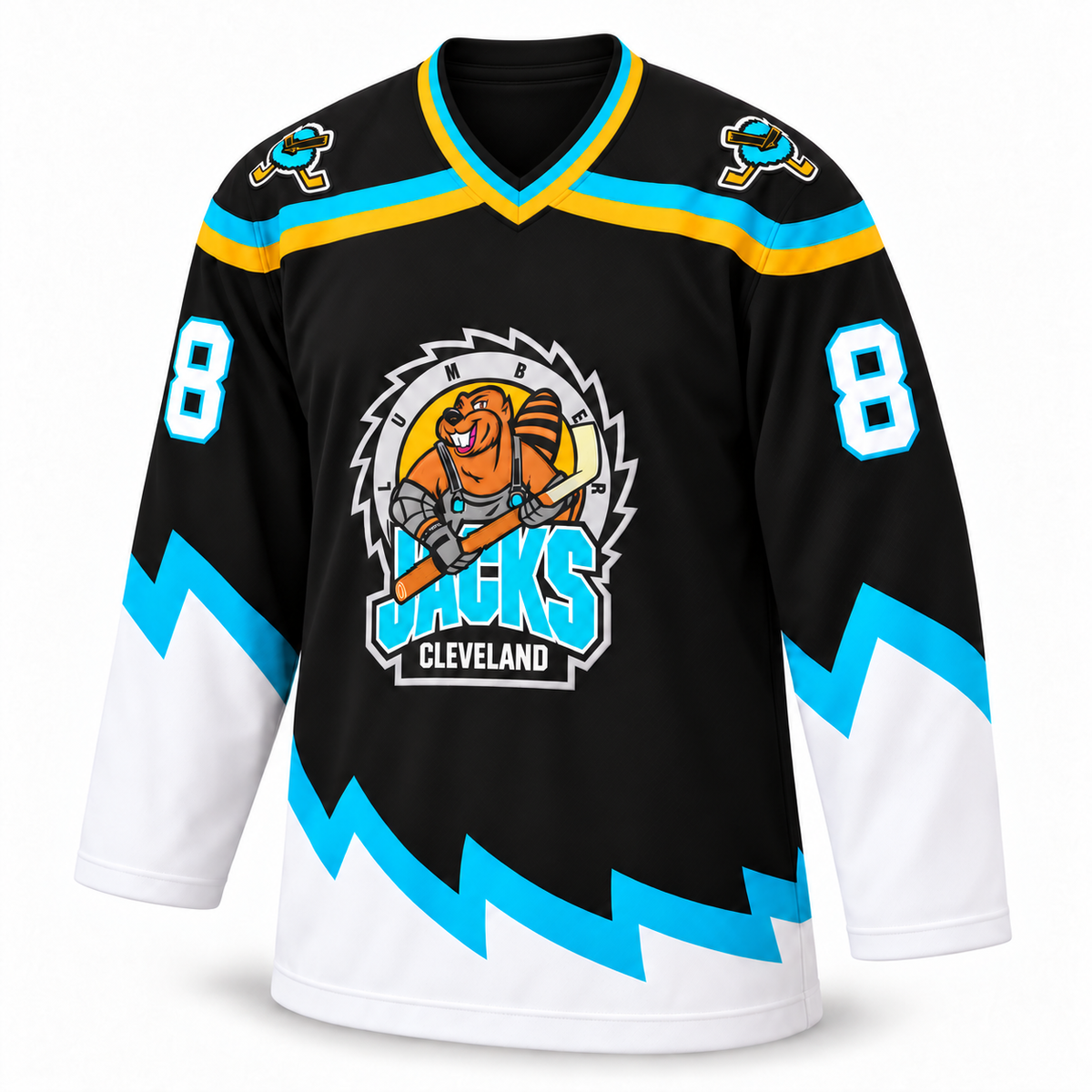 1999 Cleveland Lumberjacks black jersey front, number 8