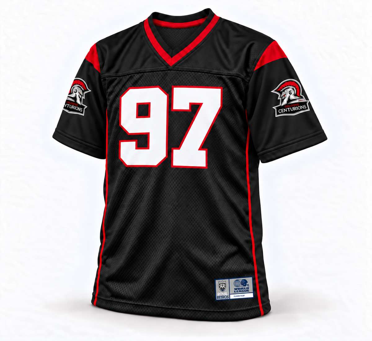 Cologne Centurions WLAF jersey mockup, black front, number 97