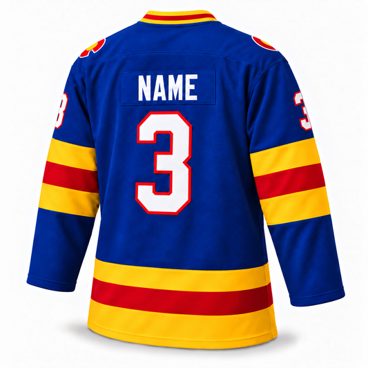 Colorado Rockies hockey jersey in royal blue, back view, NAME and number 3.