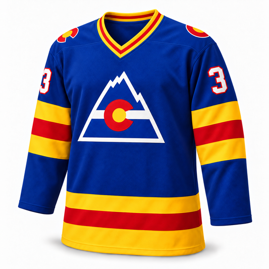 Colorado Rockies hockey jersey in royal blue, front view, number 3.