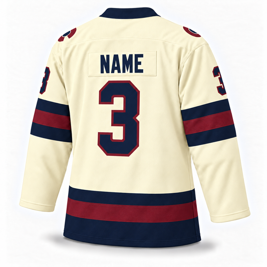 Colorado Rockies vintage cream, navy and maroon hockey jersey, back view, NAME and number 3.