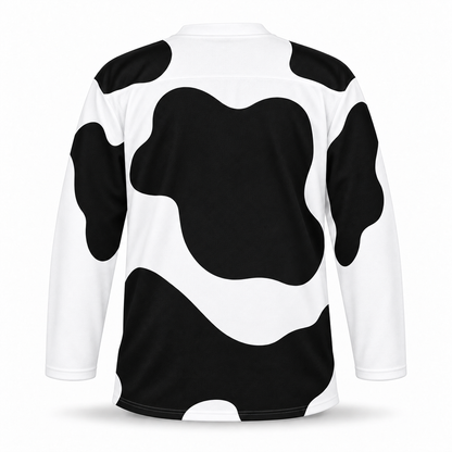 Columbus Mad Cows replica hockey jersey back in white with black Holstein spots