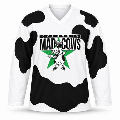 Columbus Mad Cows replica hockey jersey front in white with black Holstein spots and team crest