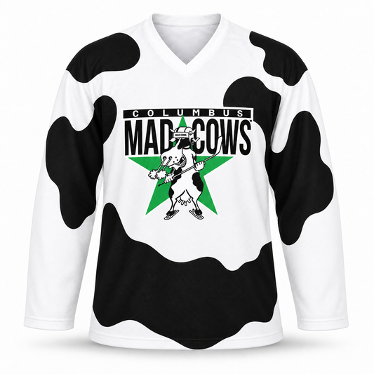 Columbus Mad Cows replica hockey jersey front in white with black Holstein spots and team crest