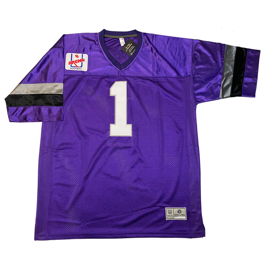 Cleveland Thunderbolts Arena Football League Jersey. Purple. Silver and black bands mid-sleeve. Original Arena Football League logo on right upper chest. #1 in white with silver trim. Royal Retros