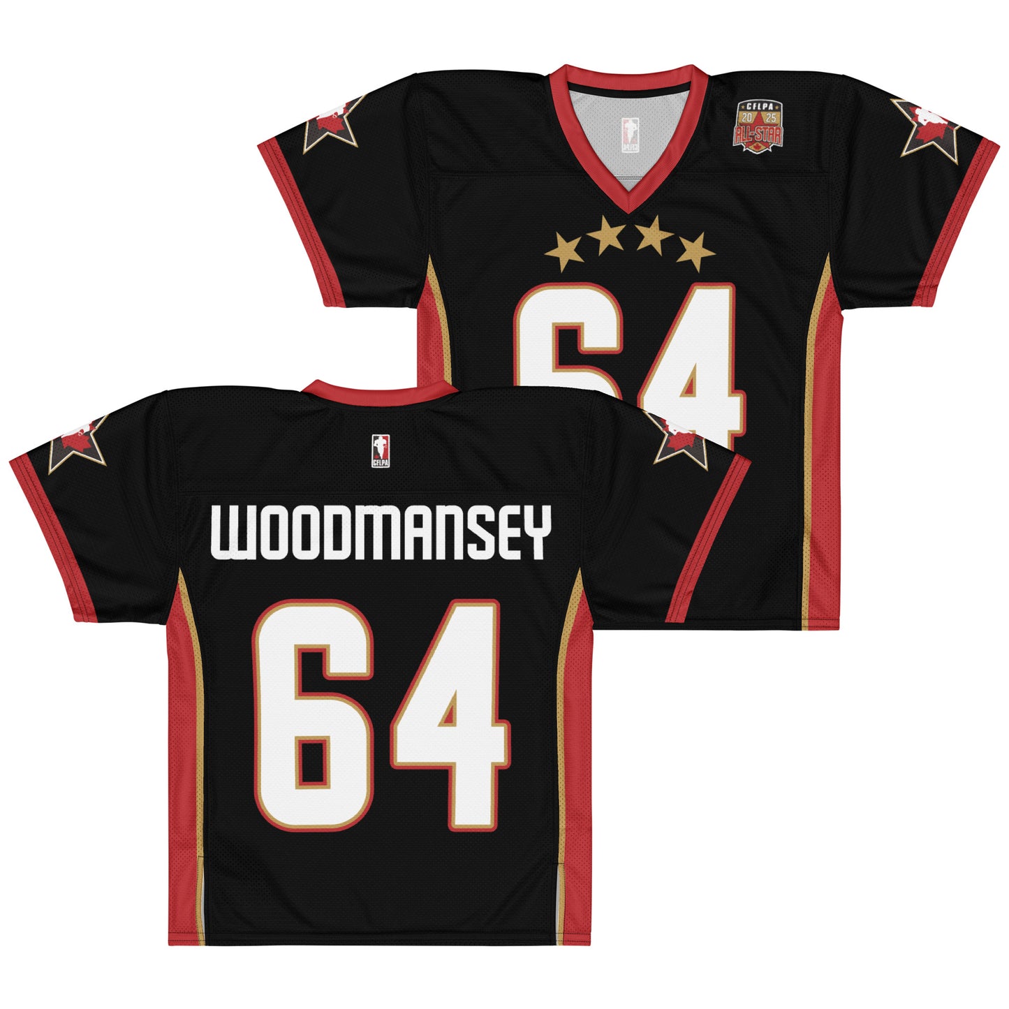 2025 CFLPA All-Star Replica Jersey. Black. Front and Back. Red collar and sleeve ends. Four gold stars over large white name over large white numerals with red trim. Gold, red, and gold stripes up sides. Royal Retro