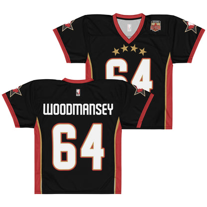 2025 CFLPA All-Star Replica Jersey. Black. Front and Back. Red collar and sleeve ends. Four gold stars over large white name over large white numerals with red trim. Gold, red, and gold stripes up sides. Royal Retro