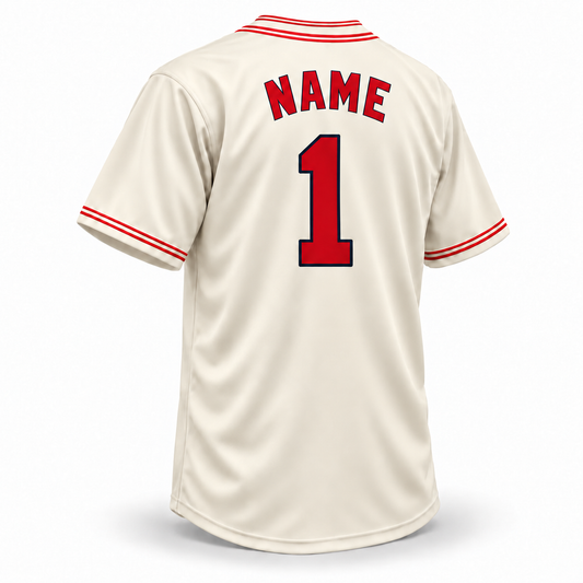Cuban Stars NLB jersey, cream back with red block NAME and number 1 outlined in navy, and paired red collar and cuff stripes.