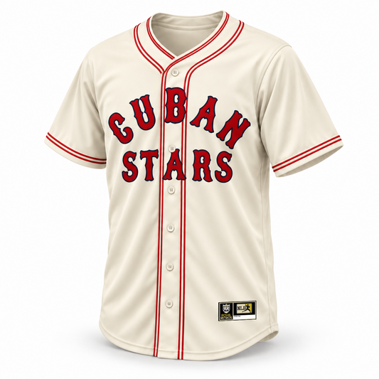 Cuban Stars NLB jersey, cream front with vintage red CUBAN STARS lettering outlined in navy, paired red collar, placket and cuff stripes, and original NLB jock tag.