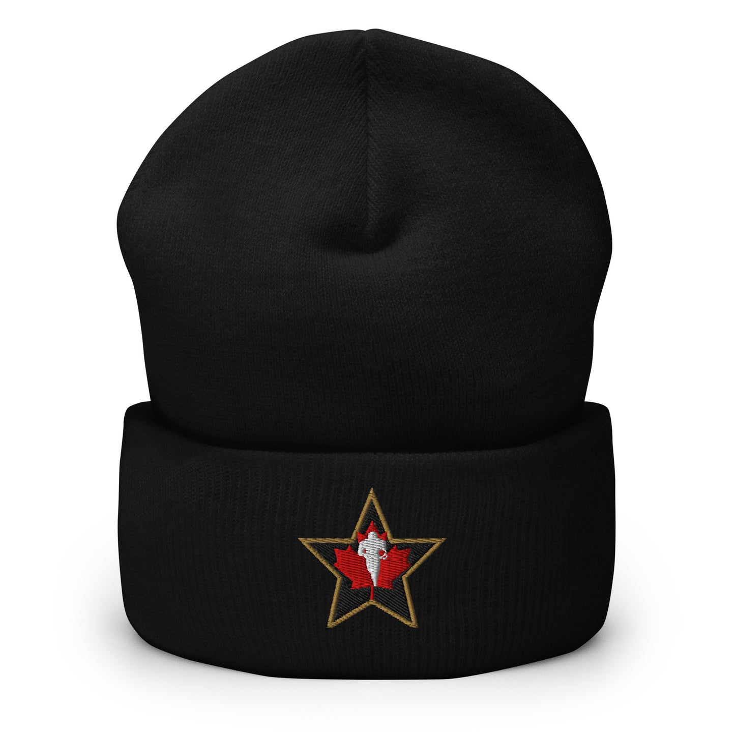 CFLPA beanie black. Gold star with black background. Red maple leaf inside. Plater in white running toward viewer on maple leaf. Royal Retros.