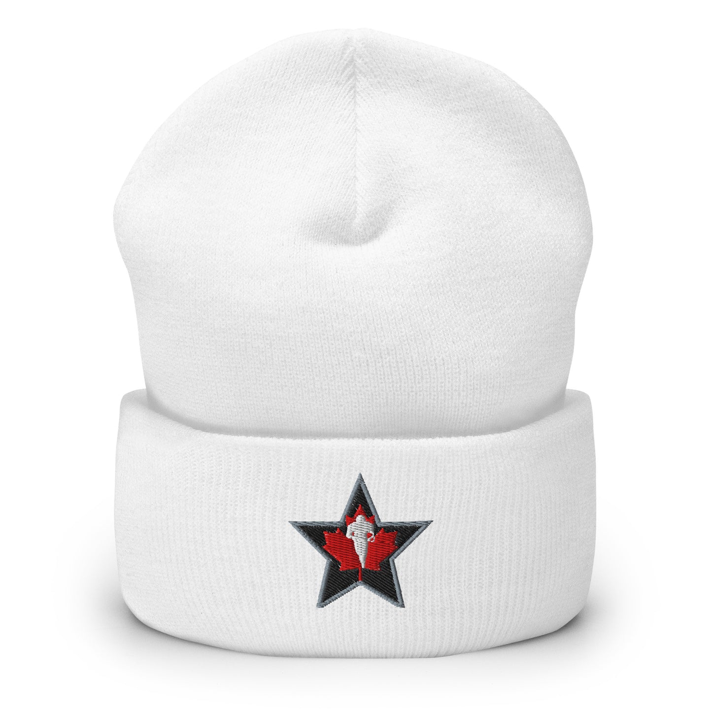 CFLPA beanie white. Silver star with black background. Red maple leaf inside. Plater in white running toward viewer on maple leaf. Royal Retros.