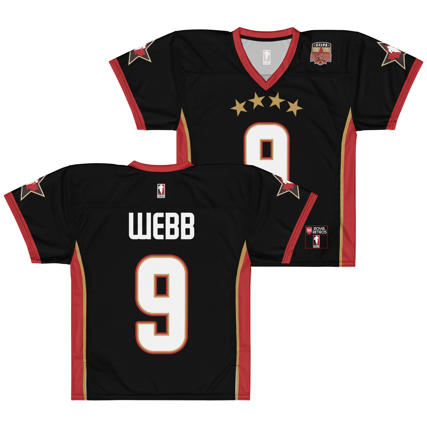 2025 CFLPA All-Star Replica Jersey. Black. Front and Back. Red collar and sleeve ends. Four gold stars over large white name over large white numerals with red trim. Gold, red, and gold stripes up sides. Royal Retro