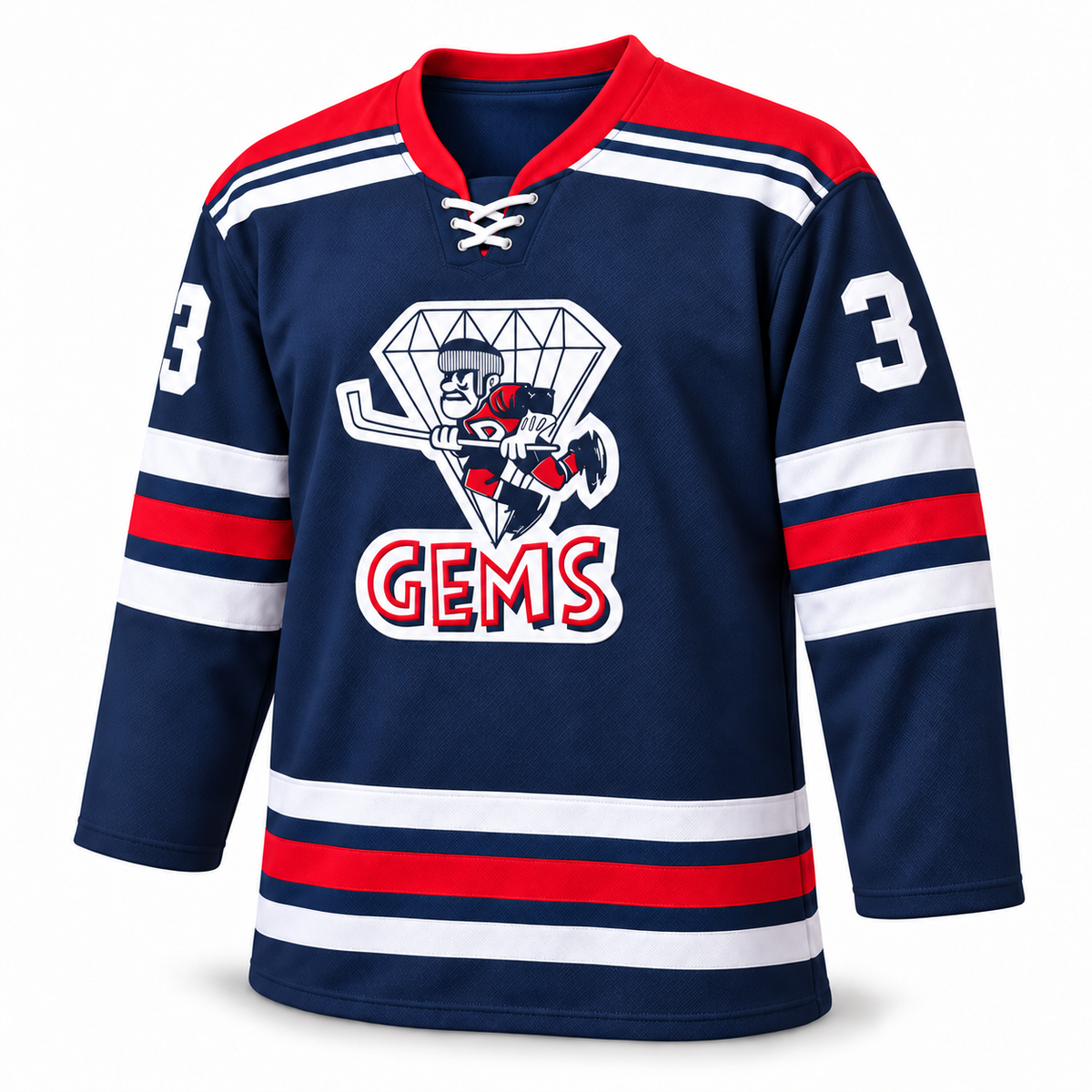 Dayton Gems navy jersey front mockup, number 3