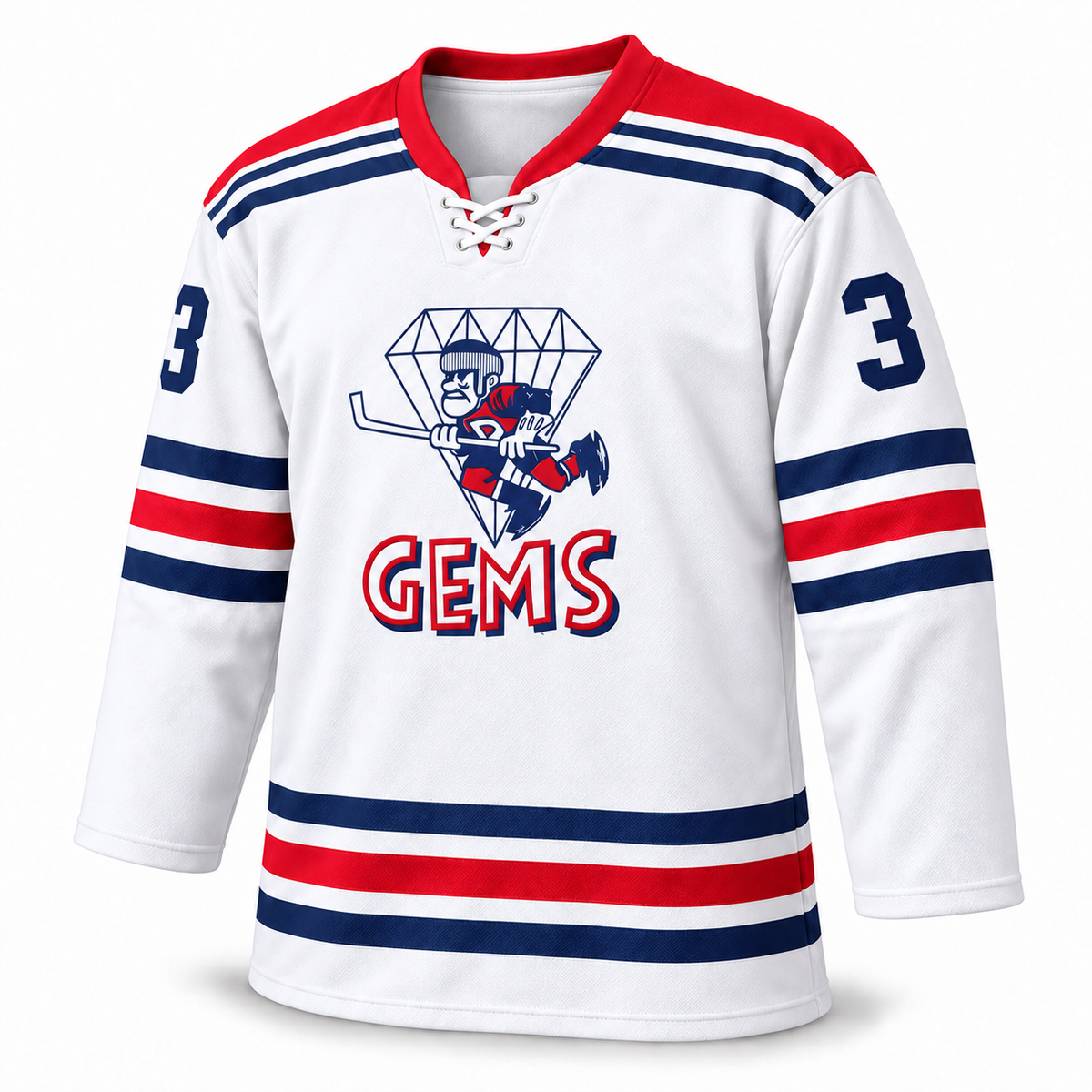 Dayton Gems white jersey front mockup, number 3