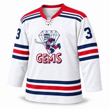 Dayton Gems white jersey front mockup, number 3