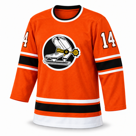 Denver Spurs orange custom hockey jersey front mockup with round collar and number 14