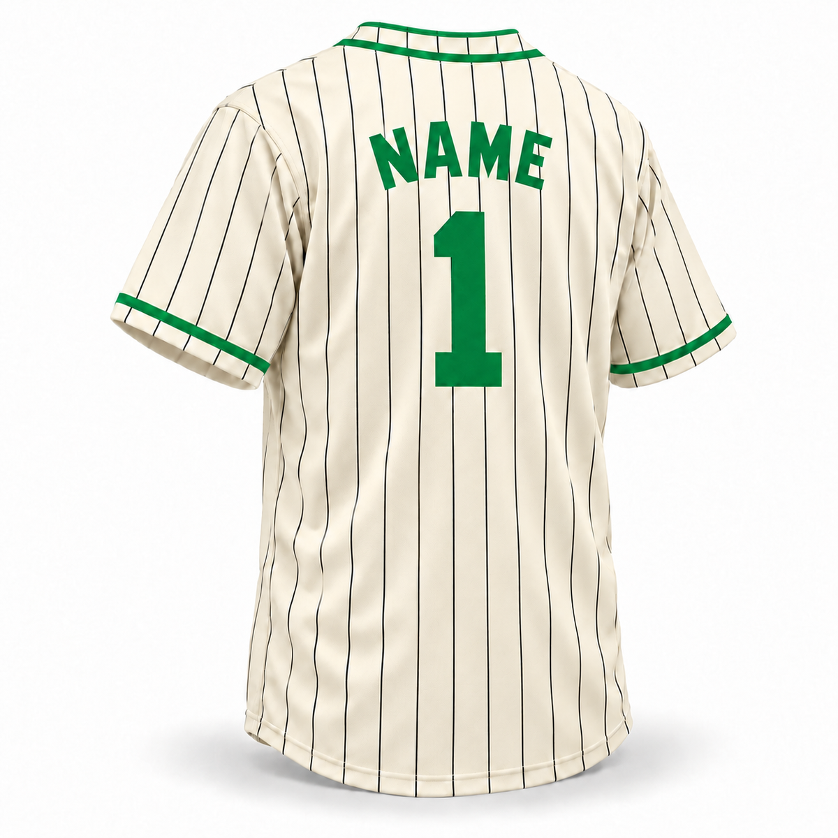 Denver White Elephants NLB jersey, cream back with black pinstripes, green block NAME and number 1 without outline, two green collar piping lines and green sleeve trim.