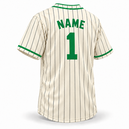 Denver White Elephants NLB jersey, cream back with black pinstripes, green block NAME and number 1 without outline, two green collar piping lines and green sleeve trim.