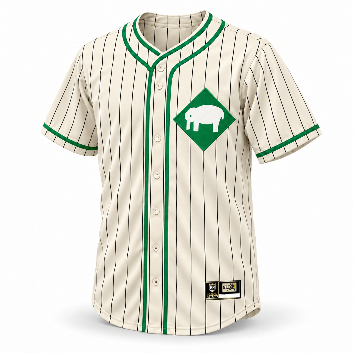 Denver White Elephants NLB jersey, cream front with black pinstripes, green crossover piping, solid green diamond with white elephant chest logo, cream buttons and NLB jock tag.