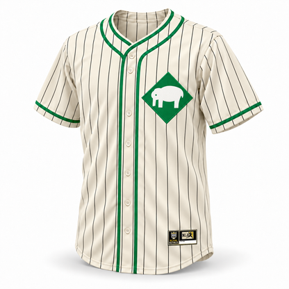 Denver White Elephants NLB jersey, cream front with black pinstripes, green crossover piping, solid green diamond with white elephant chest logo, cream buttons and NLB jock tag.