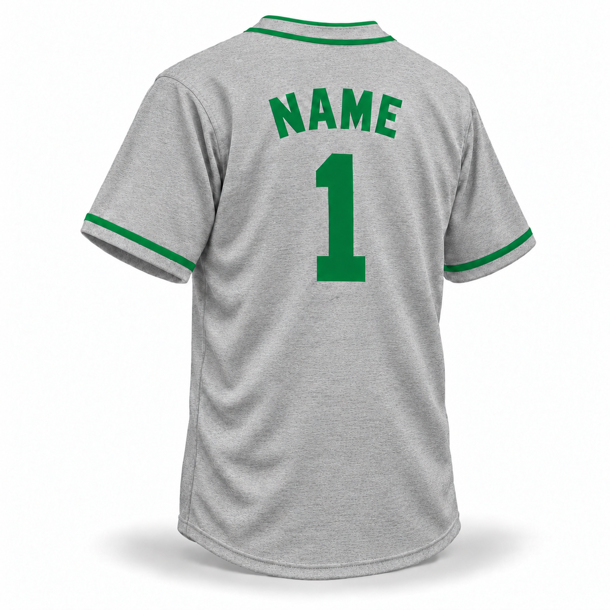 Denver White Elephants NLB jersey, gray back with green block NAME and number 1 without outline, two green collar piping lines and green sleeve trim.
