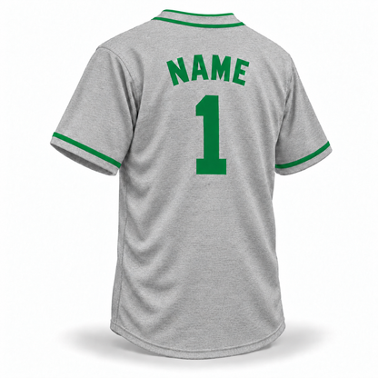 Denver White Elephants NLB jersey, gray back with green block NAME and number 1 without outline, two green collar piping lines and green sleeve trim.