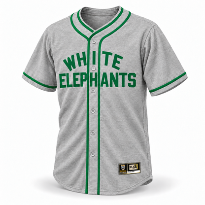 Denver White Elephants NLB jersey, gray front with green block WHITE ELEPHANTS lettering, plain I and H centered between full-length green placket piping, gray buttons and NLB jock tag.