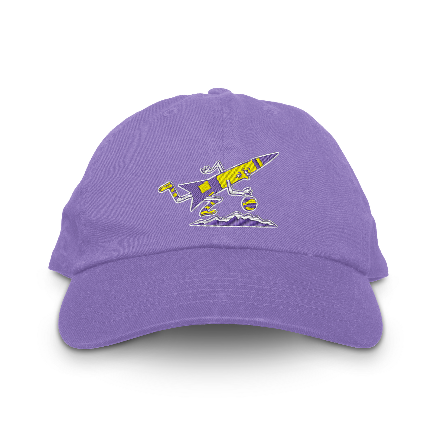 Denver Rockets unstructured dad hat in lavender with the cartoon rocket, basketball and mountain range logo embroidered in yellow on the front