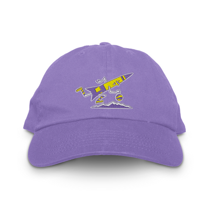 Denver Rockets unstructured dad hat in lavender with the cartoon rocket, basketball and mountain range logo embroidered in yellow on the front