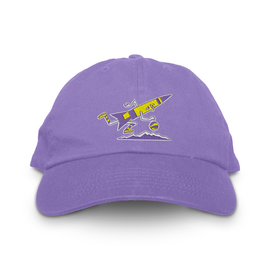 Denver Rockets unstructured dad hat in lavender with the cartoon rocket, basketball and mountain range logo embroidered in yellow on the front