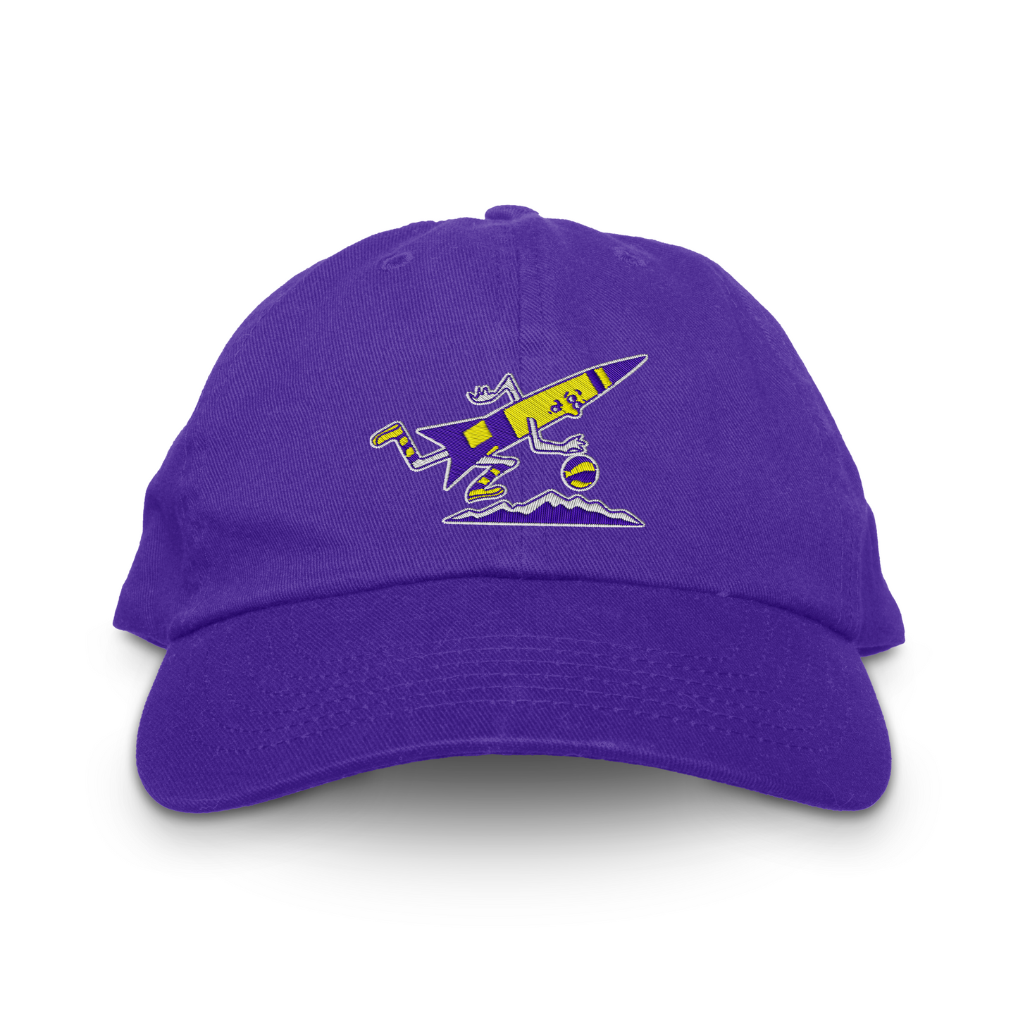 Denver Rockets unstructured dad hat in deep purple with the cartoon rocket, basketball and mountain range logo embroidered in yellow on the front