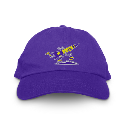 Denver Rockets unstructured dad hat in deep purple with the cartoon rocket, basketball and mountain range logo embroidered in yellow on the front