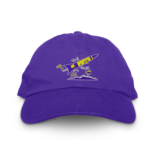Denver Rockets unstructured dad hat in deep purple with the cartoon rocket, basketball and mountain range logo embroidered in yellow on the front
