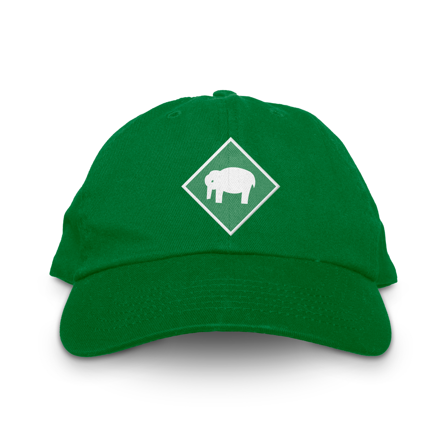 Denver White Elephants Unstructured Hat green. Diamond  outlined in white with white silhouette of elephant. Royal Retros 