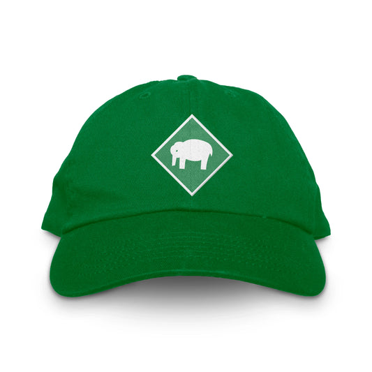Denver White Elephants Unstructured Hat green. Diamond  outlined in white with white silhouette of elephant. Royal Retros 