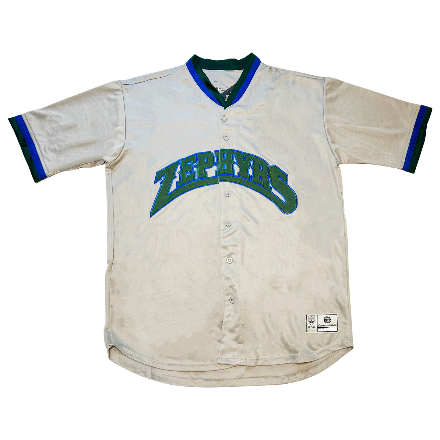 Denver Zephyrs Baseball Jersey gray. Green and blue trim on neck and short sleeve ends. Zephyrs arched in green with blue trim across chest. Royal Retros