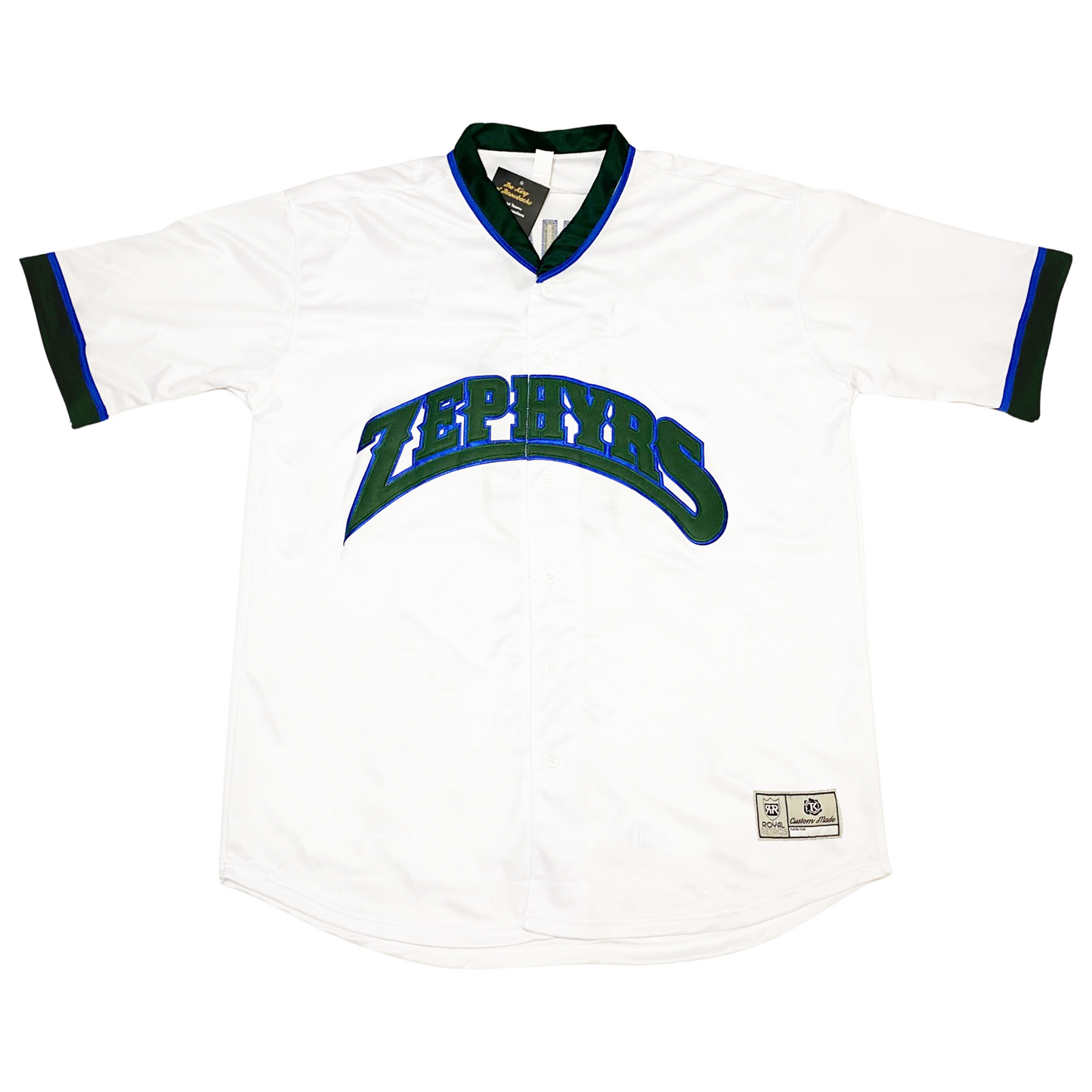 Denver Zephyrs Baseball Jersey white. Green and blue trim on neck and short sleeve ends. Zephyrs arched in green with blue trim across chest. Royal Retros