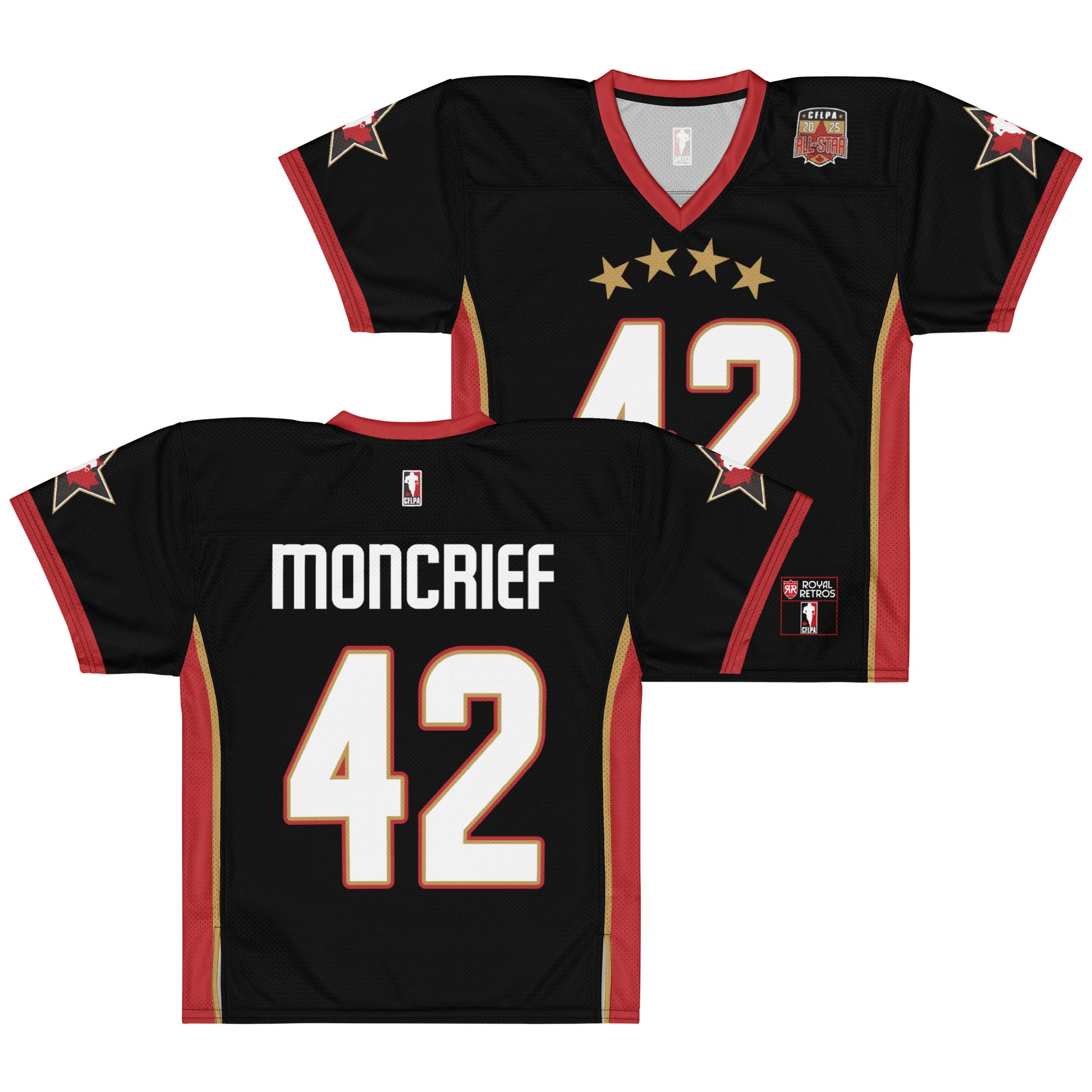 2025 CFLPA All-Star Replica Jersey. Black. Front and Back. Red collar and sleeve ends. Four gold stars over large white name over large white numerals with red trim. Gold, red, and gold stripes up sides. Royal Retro