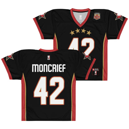 2025 CFLPA All-Star Replica Jersey. Black. Front and Back. Red collar and sleeve ends. Four gold stars over large white name over large white numerals with red trim. Gold, red, and gold stripes up sides. Royal Retro