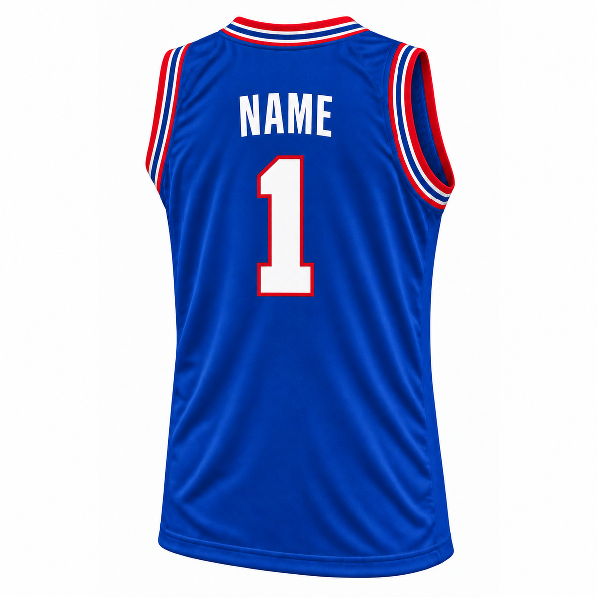 Detroit royal blue basketball jersey back mockup, white block NAME without outline and number 1 outlined in red.