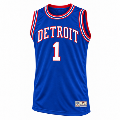 Detroit royal blue basketball jersey front mockup, white DETROIT and number 1 outlined in red.