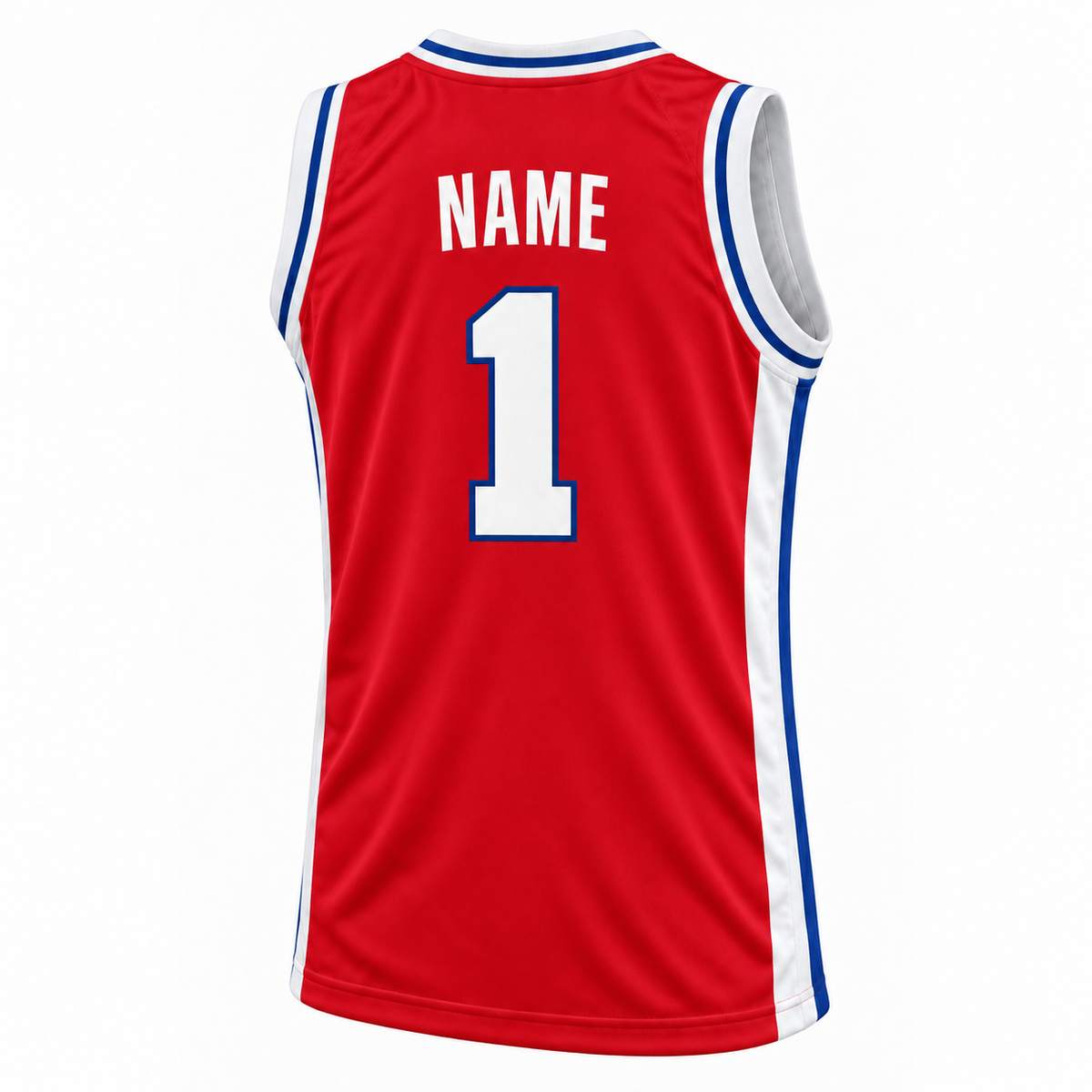 Detroit red basketball jersey back mockup, white block NAME without outline and number 1 outlined in blue, white side panels with blue stripes.