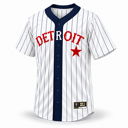 Detroit Stars NLB Jersey white navy pinstripe front, red Detroit lettering with white R and red star
