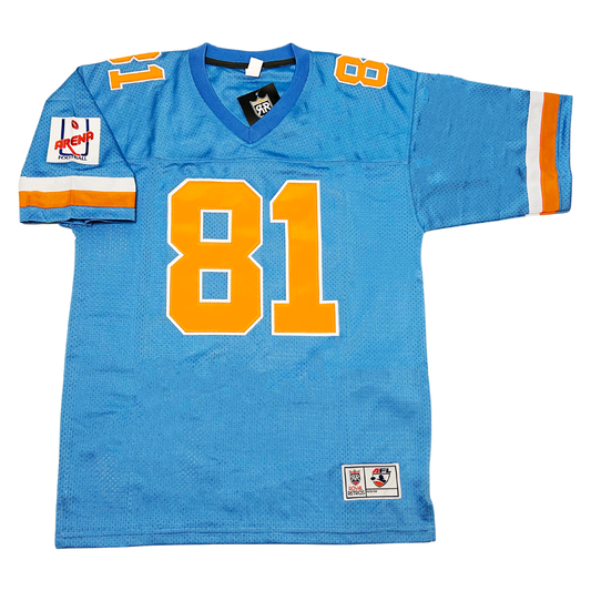 Detroit Drive AFL Jersey. Light blue. White and gold bands just above sleeve ends. #81 in  gold with white trim large on chest, small on shoulders. Arena League original logo on upper right sleeve. Royal Retros.