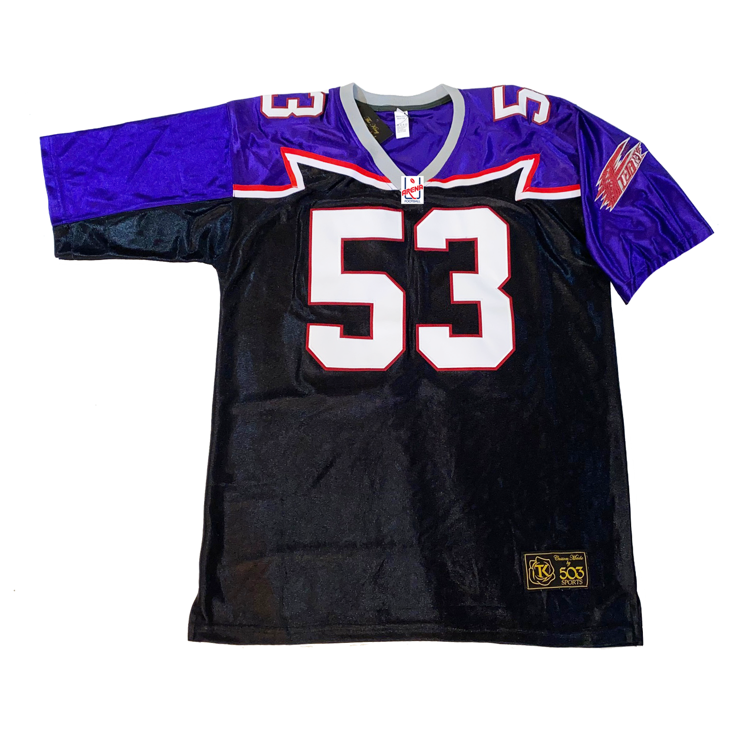 Detroit Fury jersey black with blue shoulders. Red and white zigzag line separating blue and black. #53 white in red trim large on chest, small on shoulders. Fury logo in red on sleeves. Royal Retros