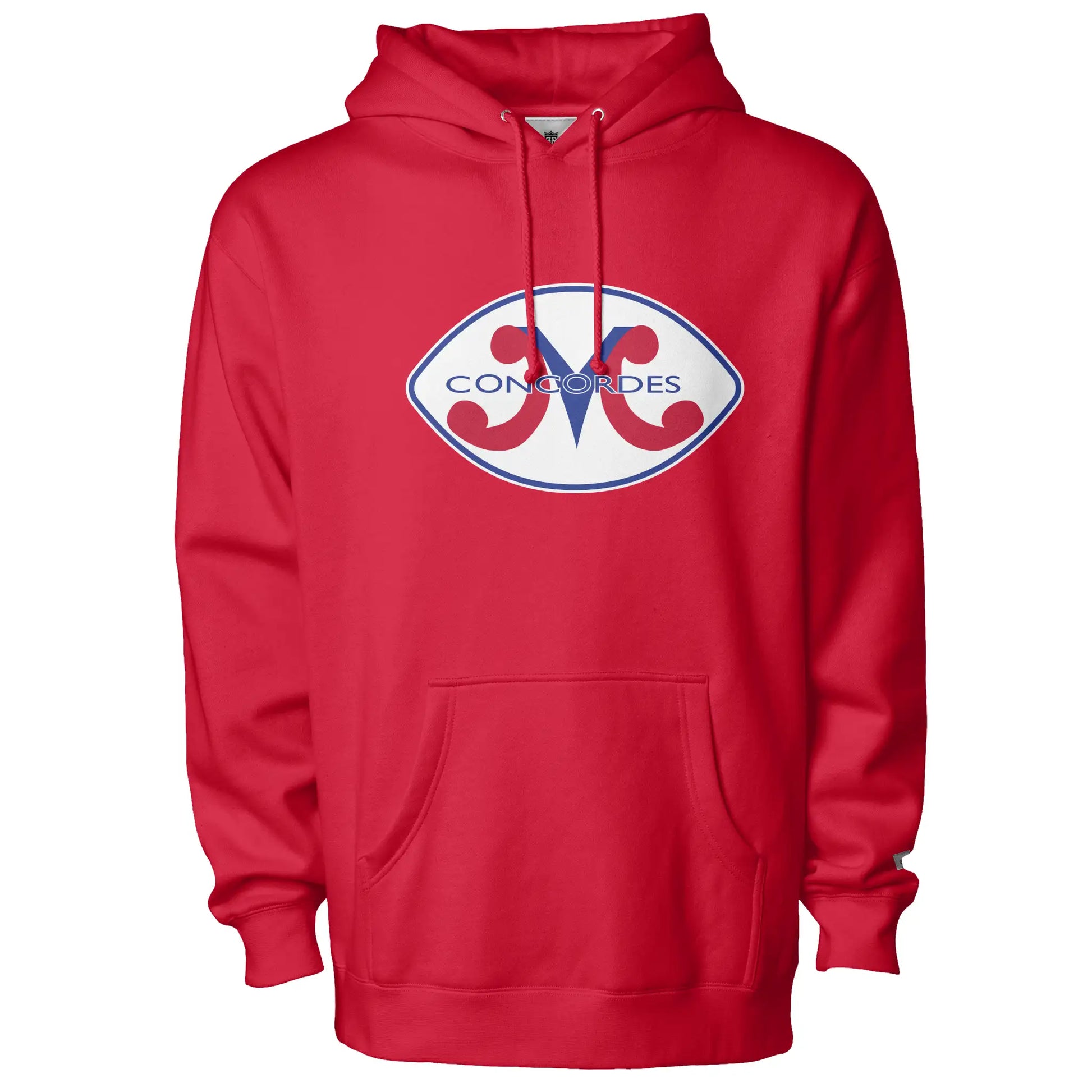 Montreal Concordes Hoodie. Red football shaped white background with blue inner trim. M with red legs and blue center. Concordes in blue over top. Royal Retros