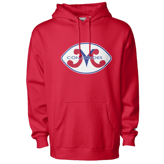 Montreal Concordes Hoodie. Red football shaped white background with blue inner trim. M with red legs and blue center. Concordes in blue over top. Royal Retros