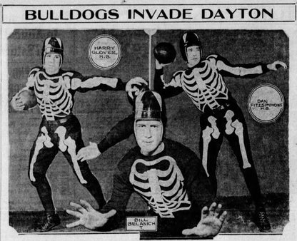 1933 newspaper clipping of the Cleveland Bulldogs in their skeleton uniforms